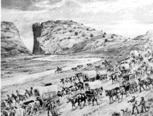 Westward migrants in covered wagons on the Oregon
Trail