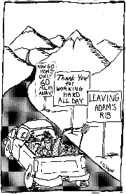 Cartoon of workers leaving Adam's Rib