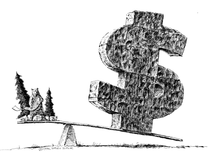 Cartoon of teeter-totter balancing wildlife and the dollar
sign