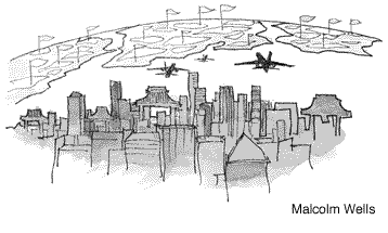 Cartoon: Skyline of city overlooks golf course and
airstrip