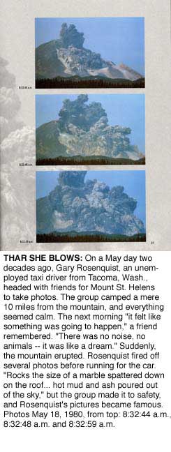 Three time-sequence shots of Mount St. Helens
erupting