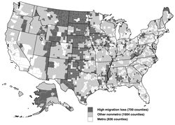Nonmetro counties with net outmigration of 10 percent or
more, 1980-2000